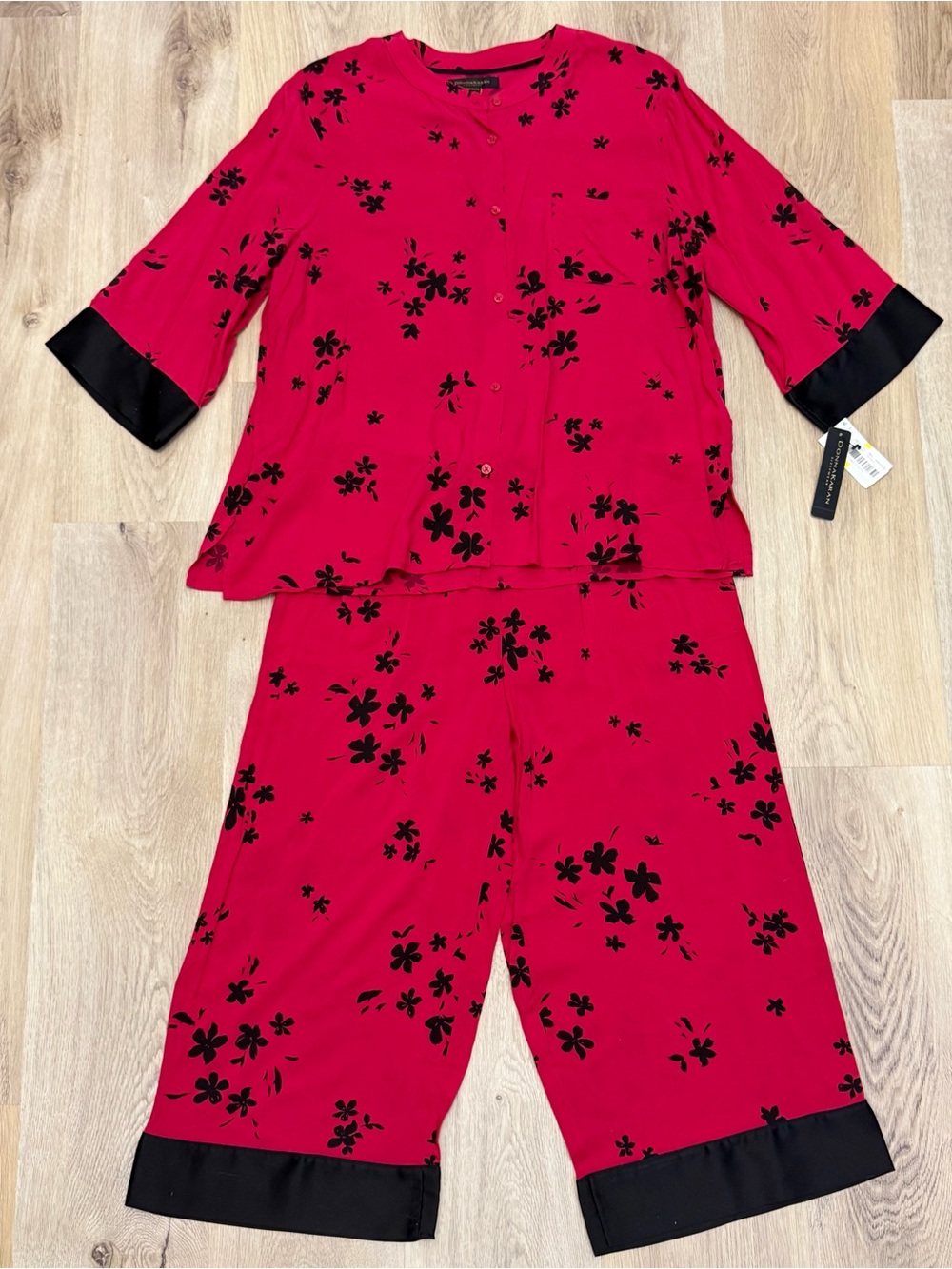 Donna Karan Red Floral Pajama Set with Black Trim